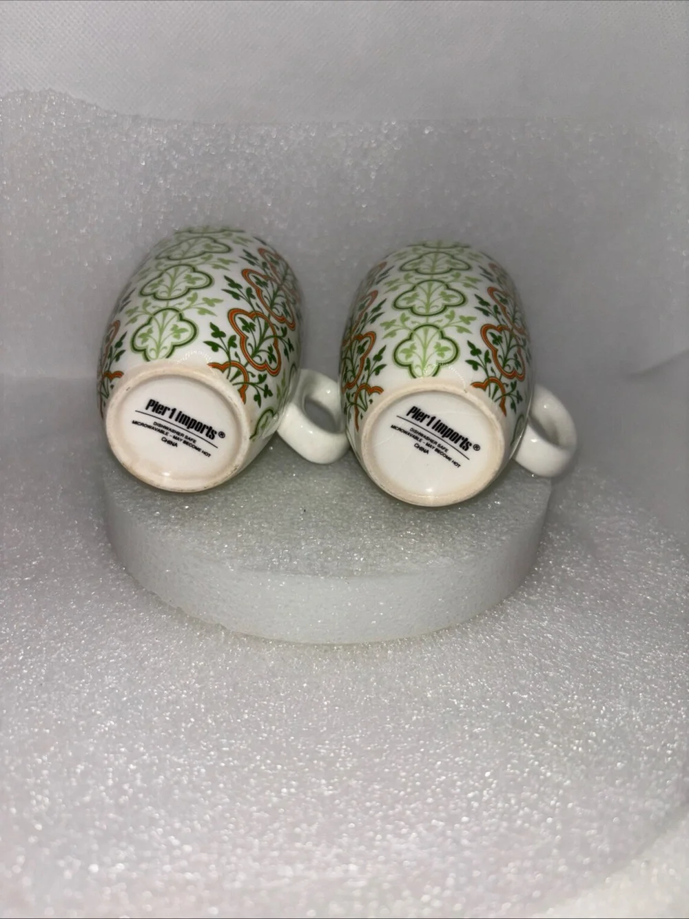 Pier 1 Imports Demitasse Cups White W/ Green & Orange Ceramic Espresso Set of 2